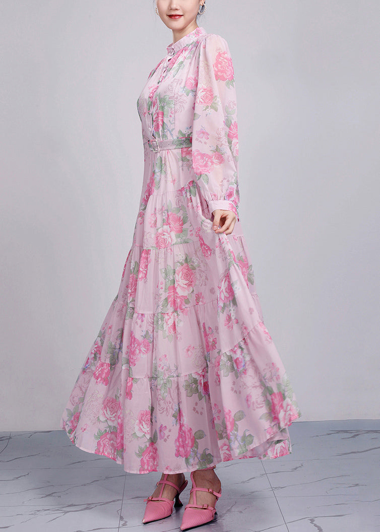 Robe de soirée en coton imprimé rose à col montant et manches longues AR1025