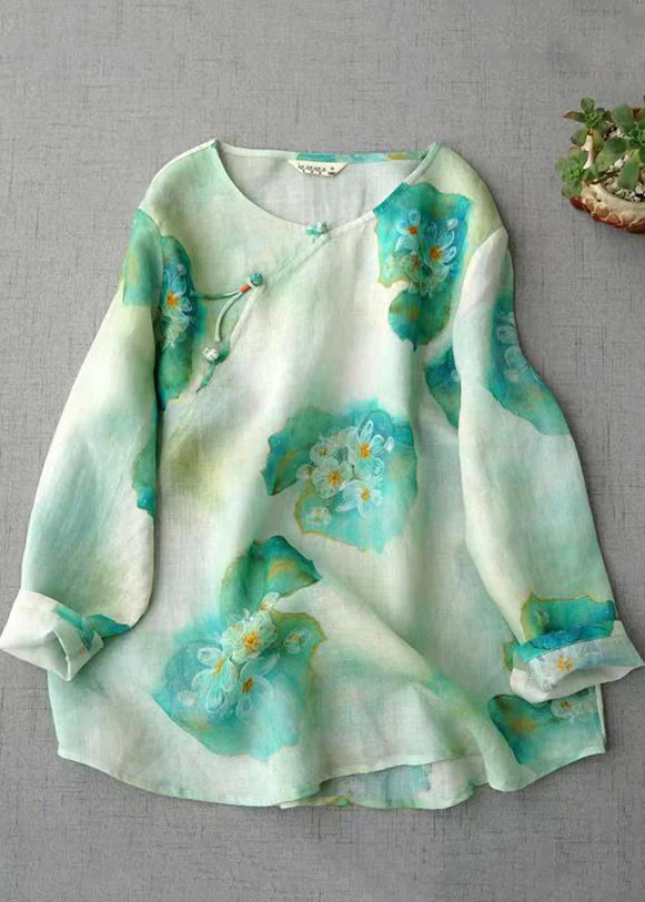 Grace Pink O-Ausschnitt Print Chinesische Knopf Leinen Bluse Top Herbst QB031