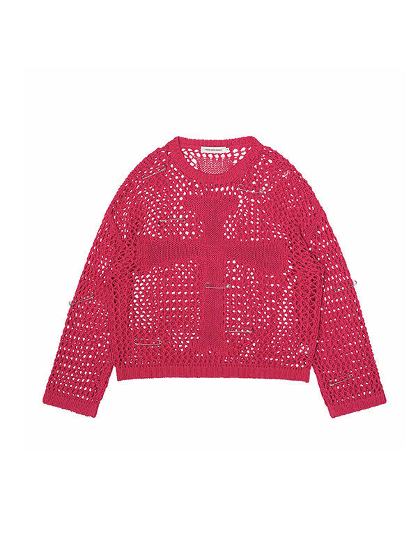Haut à manches longues en tricot croisé ajouré à col rond blanc punk AN1063