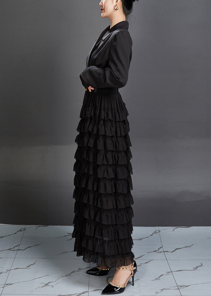 Nouvelles robes longues noires en élasthanne à volants crantés automne AJ1019
