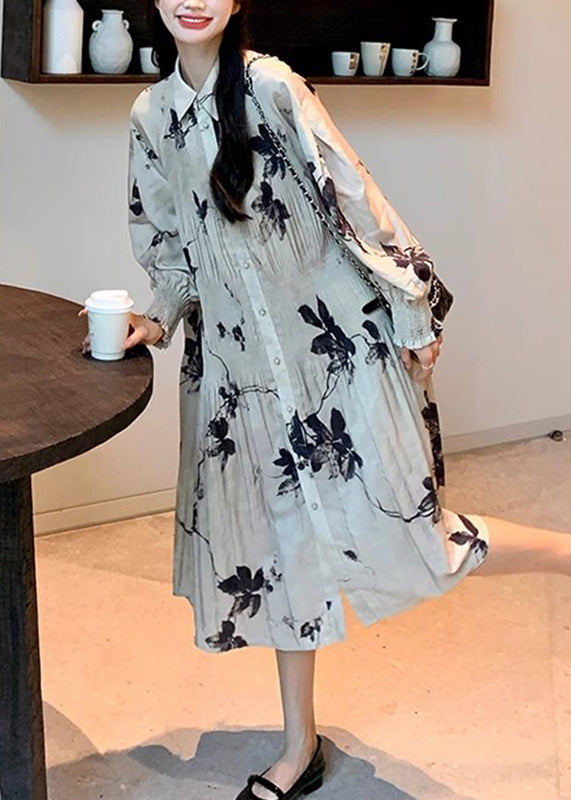 Robes style lanterne, col chinois, boutons froissés, imprimé, longues