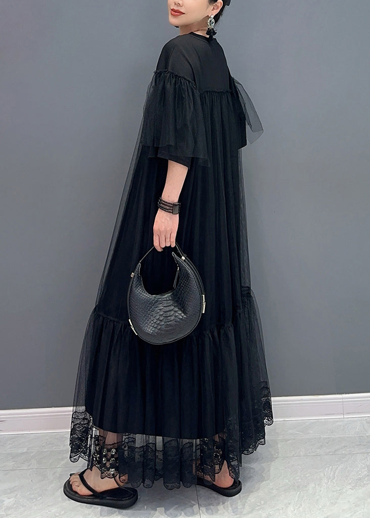 Robe noire en tulle patchwork froissé à col rond grande taille pour l'été AO1070