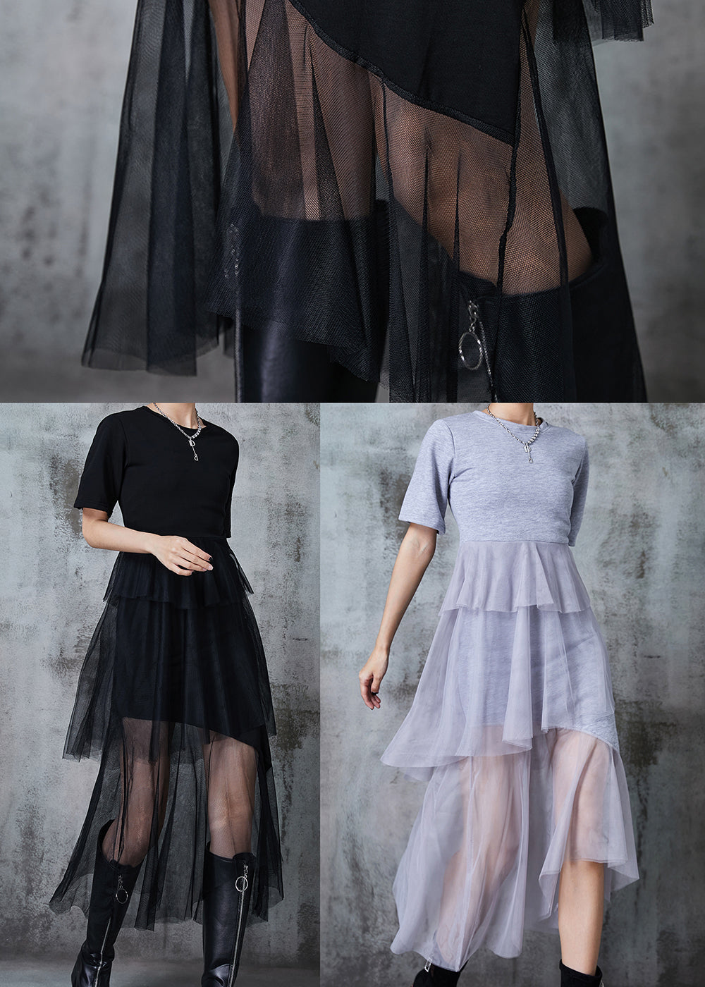 Graues Patchwork-Tüll-Ferienkleid mit schlanker Passform für den Sommer QA1021