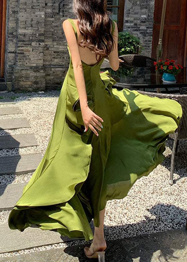 Robe en soie dos nu à volants verts français, patchwork, sans manches, TT1007