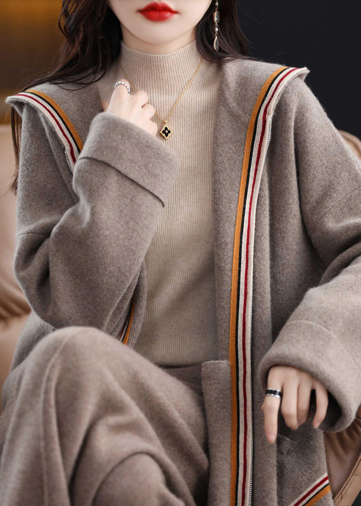 Einzigartige Beige Reißverschluss Patchwork Gemütliche Woll Hoodie Strickjacken Winter WV020