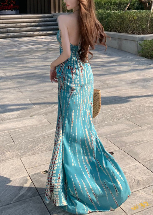 Printkleid Ärmellos Rückenfrei Blau Urlaub Baumwolle Stilvoll