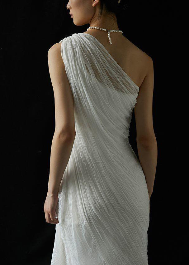 Wrinkled Solid Shoulder Dress Silk Cold Maxi Summer Art White