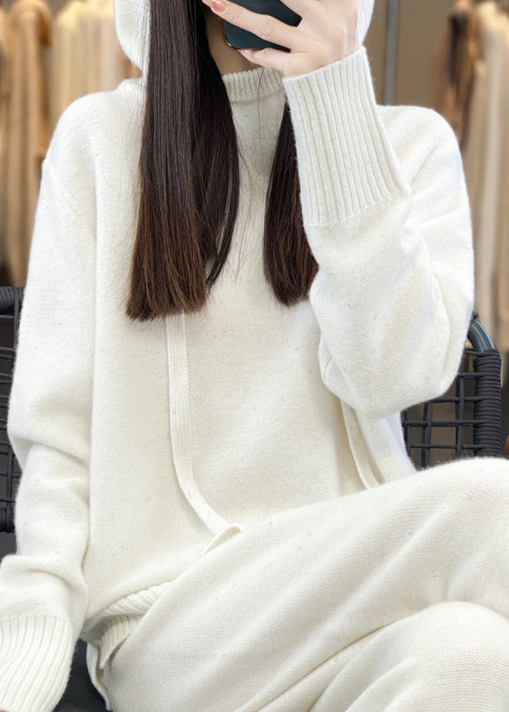 Stilvolles lilafarbenes Baumwollstrickpullover mit Kapuze und weiten Hosen, zweiteiliges Set, Winter WV015