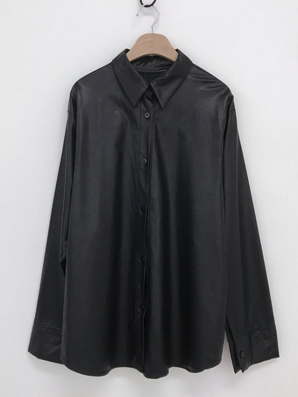Urban Schwarzes Revers-Pu-Lederhemd mit Knöpfen und langen Ärmeln WS006