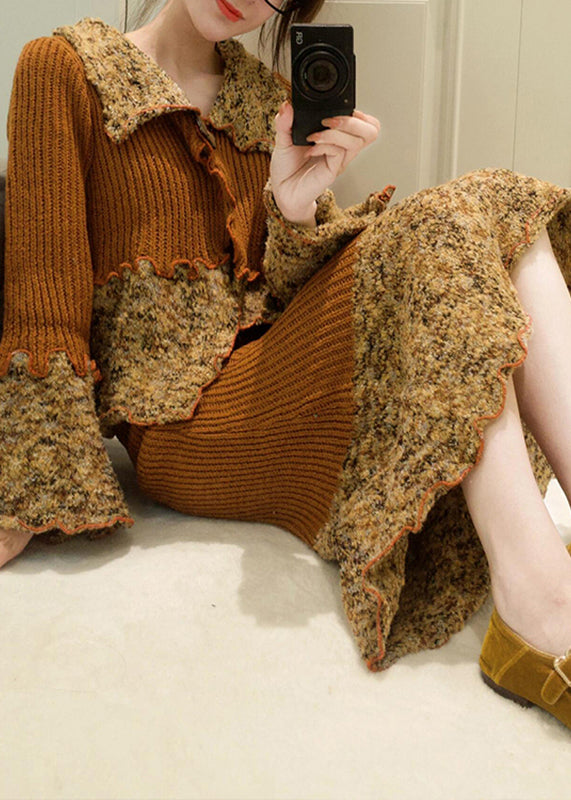 Französischer Peter-Pan-Kragen-Print Patchwork-Baumwollstrickjacken und Maxiröcke Zweiteiliges Set Herbst WV023