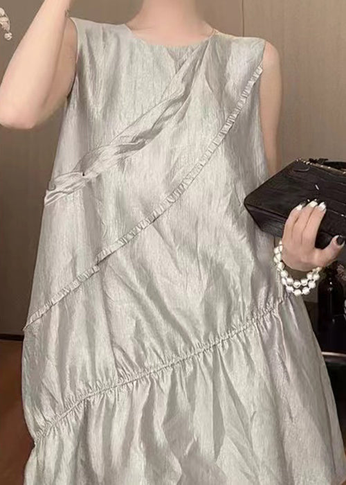 Neues, ärmelloses Midikleid aus massiver Baumwolle in Grau mit Rundhalsausschnitt QP035