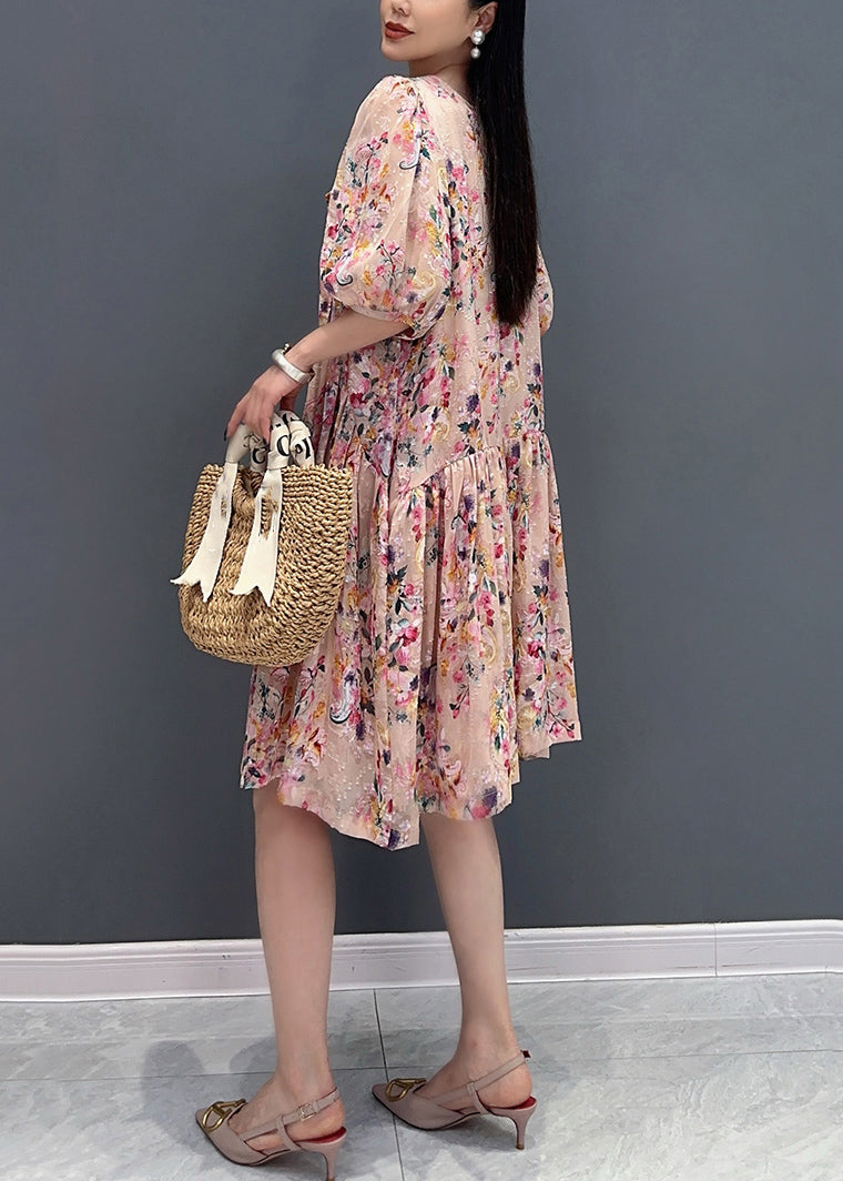 Französisches rosa bedrucktes, zweiteiliges langes Sommerkleid AO1030