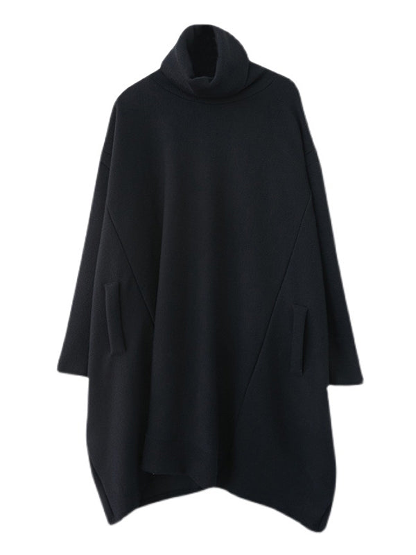Lässiger, lockerer schwarzer Pullover mit Kragentaschen und langen Ärmeln in A-Linie AN1065