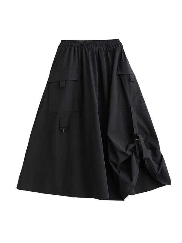 Sportlicher schwarzer elastischer A-Linien-Rock mit Faltentaschen und geteiltem Bund WS005