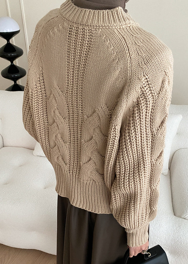 Pulls en tricot uni confortable kaki col en V automne AF1047
