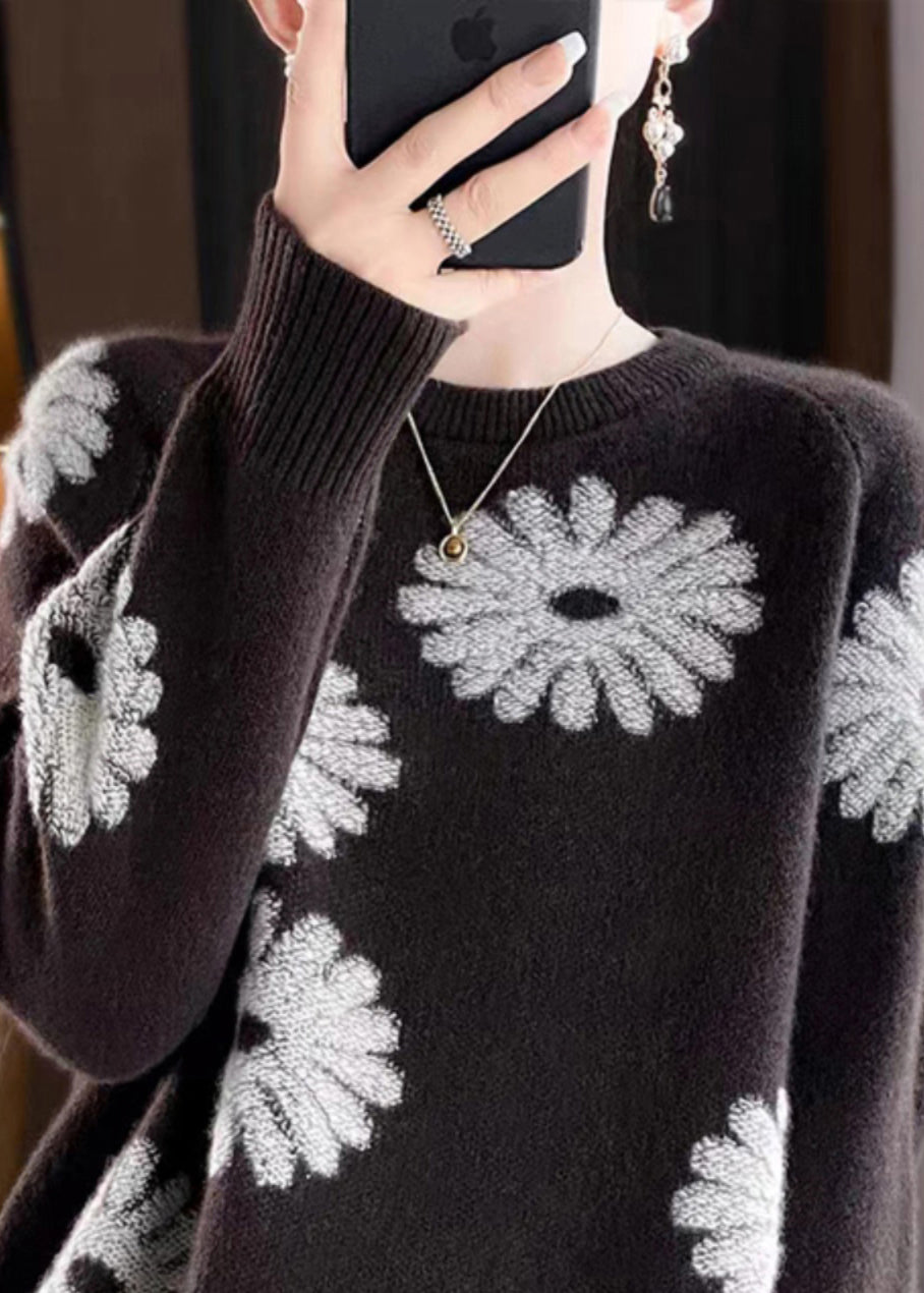 Lockerer Wollstrickpullover mit O-Ausschnitt und Kaffee-Print für den Herbst QP043