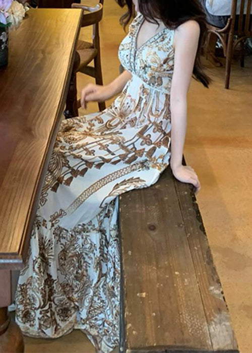 Sexy V-Ausschnitt Print Hohe Taille Spaghettiträger Kleid Ärmellos QP031