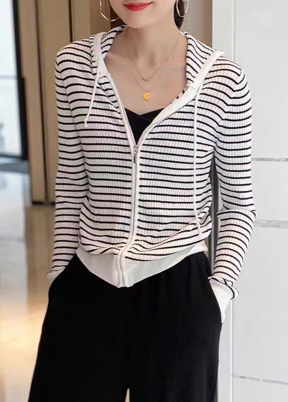 Cardigans à capuche en tricot de laine rayé à fermeture éclair blanche ample Automne QP021