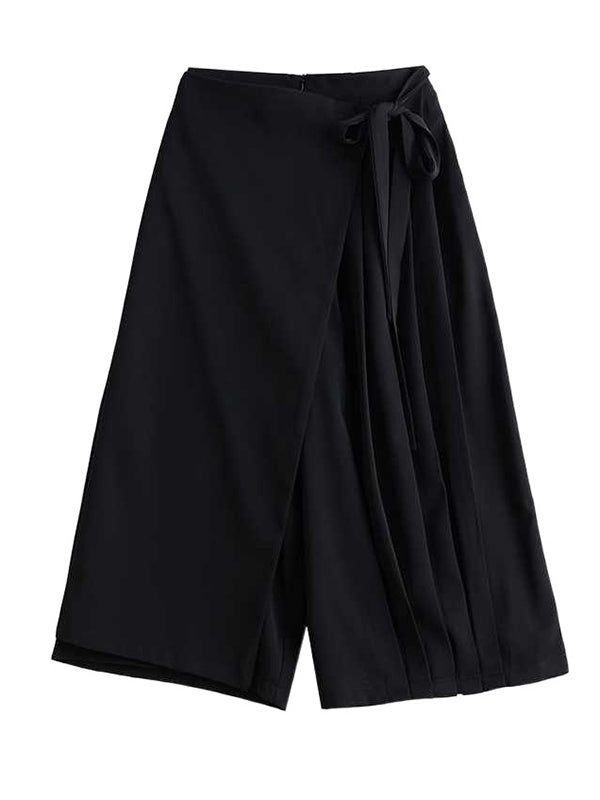 Stilvolle schwarze Elastizität hoch taillierte asymmetrisch gebunden Patchwork Plissee neunte Hose WS015