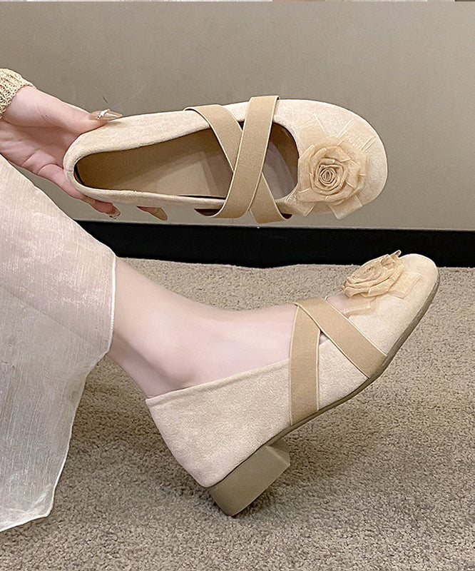 Flat Apricot Cross Feet Floral Splicing Suede Strap Shoes