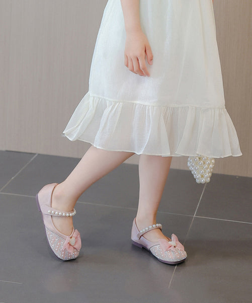 Chaussures pour enfants avec perles et boucle en zircon, abricot, clous plats, sangles pour filles