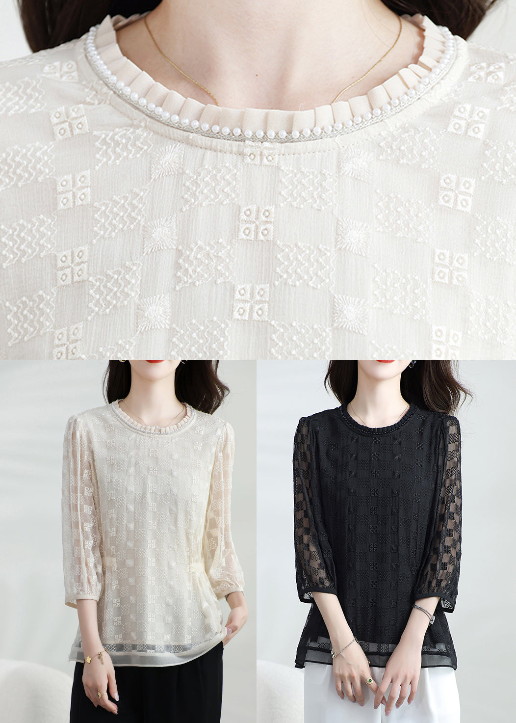 Silk Bracelet Classy Embroidered Neck Apricot Shirt O Top T