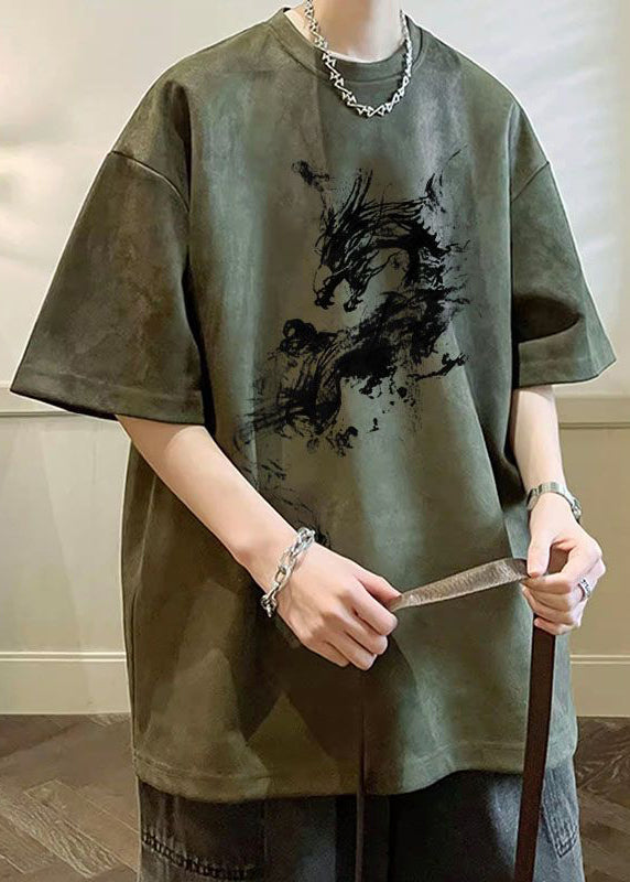 Hemden Faux Übergroße Wildleder Hals T Print O Sommer Grün Armee