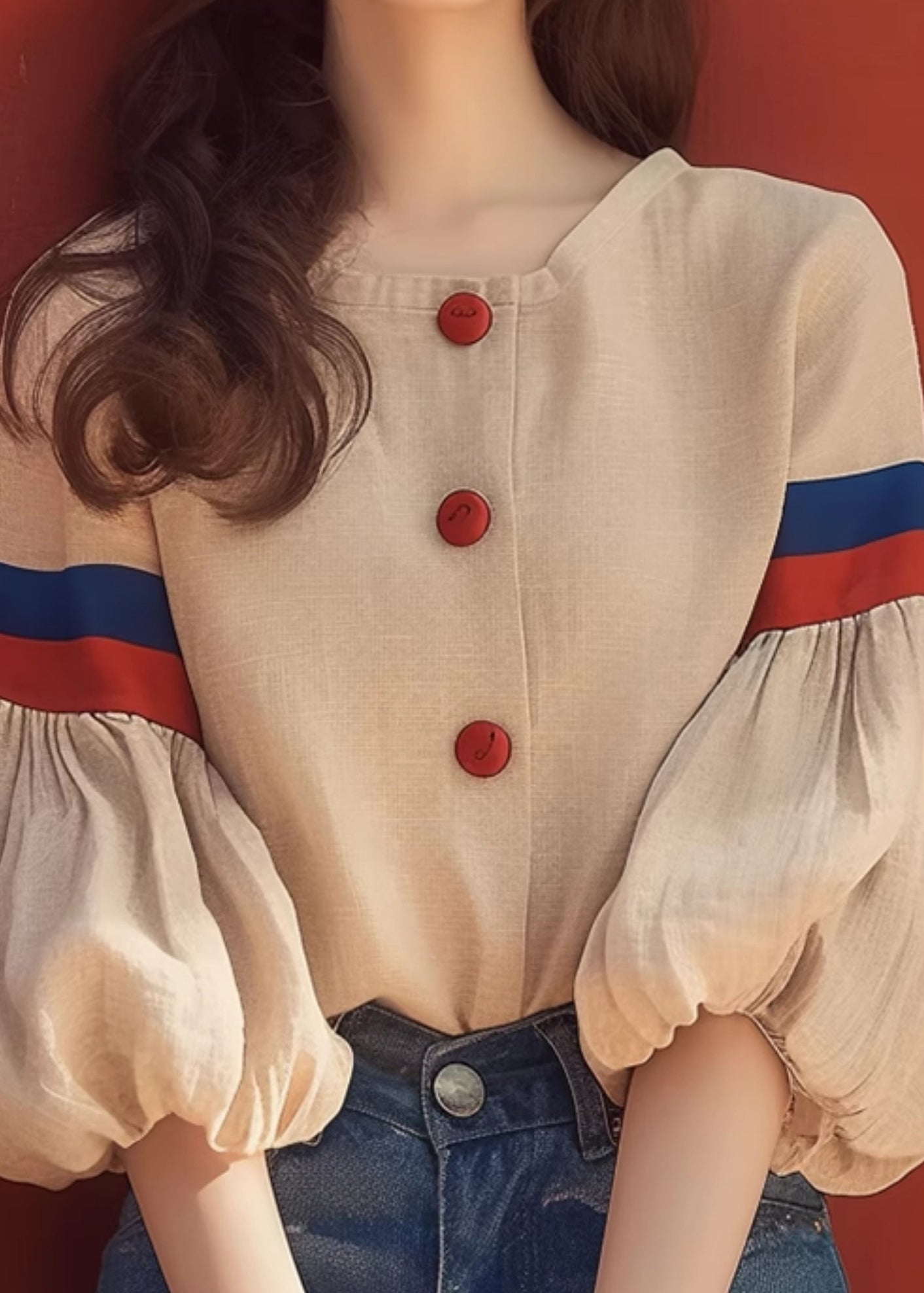 Apricot Patchwork Sleeve Cotton O-Neck Blouse Lantern Art