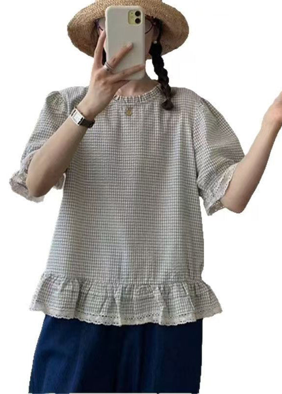 Art Shirt Sommer Baumwolle Karo Rüschen Apricot
