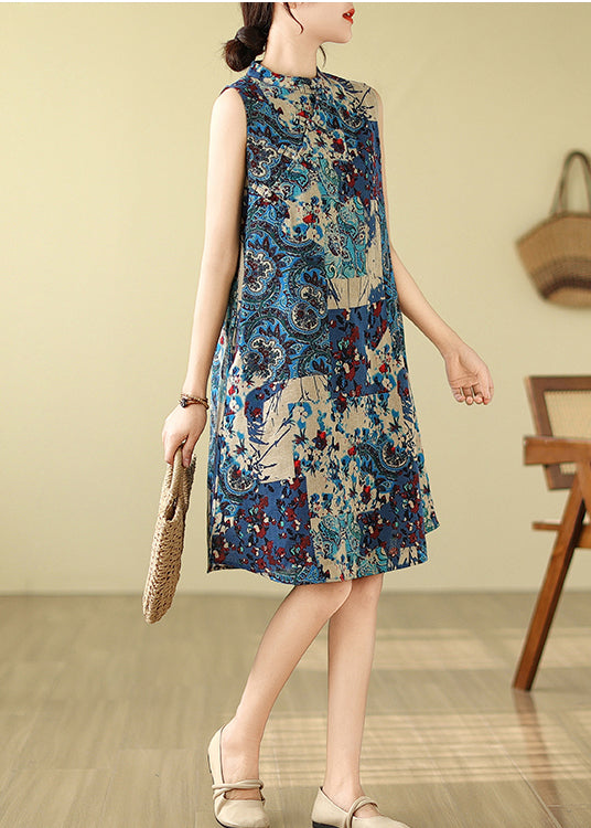 Sleeveless Mandarin Collar Cotton Blue Art Dress Print Mid