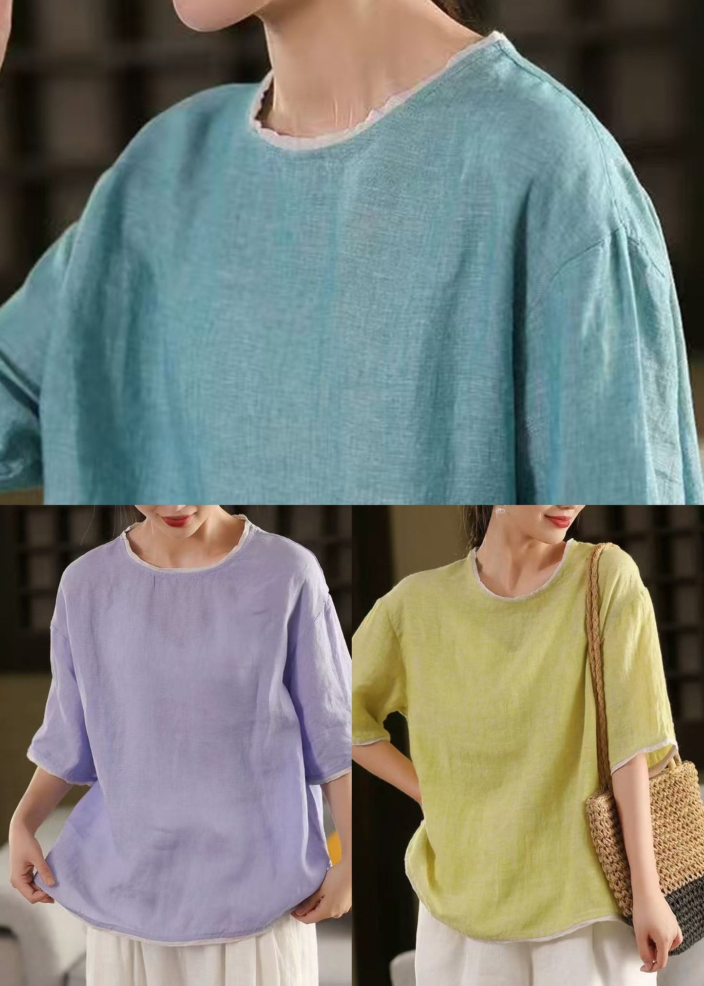 Tank Linen Blue Tops Art Sleeve Half O-Neck Patchwork