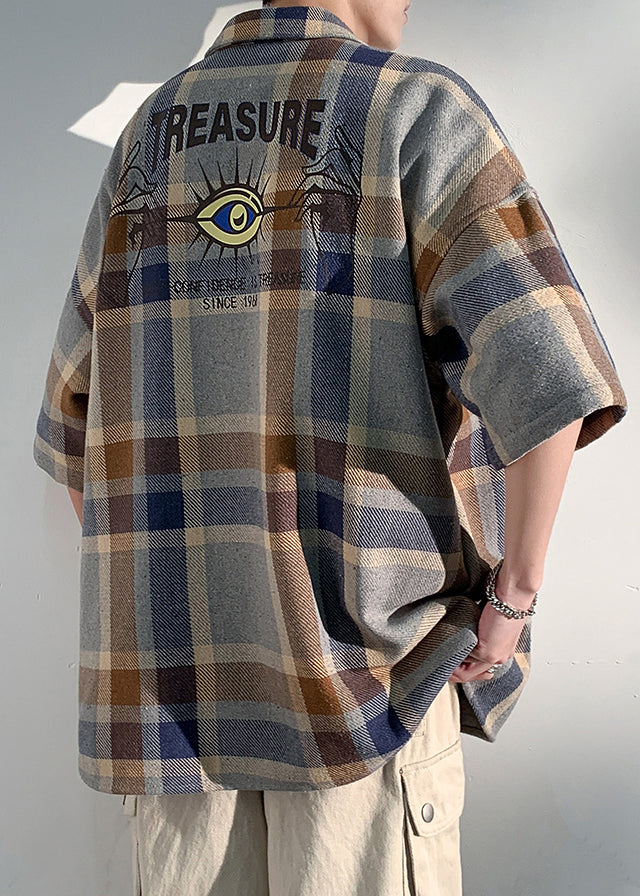 Peter Plaid Letter Collar Half Art Herrenhemden Pan Cotton Blau