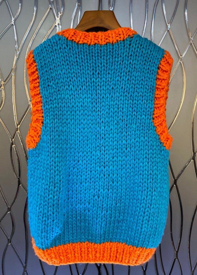 Gilet en tricot de coton patchwork bleu à col en V, automne WY019