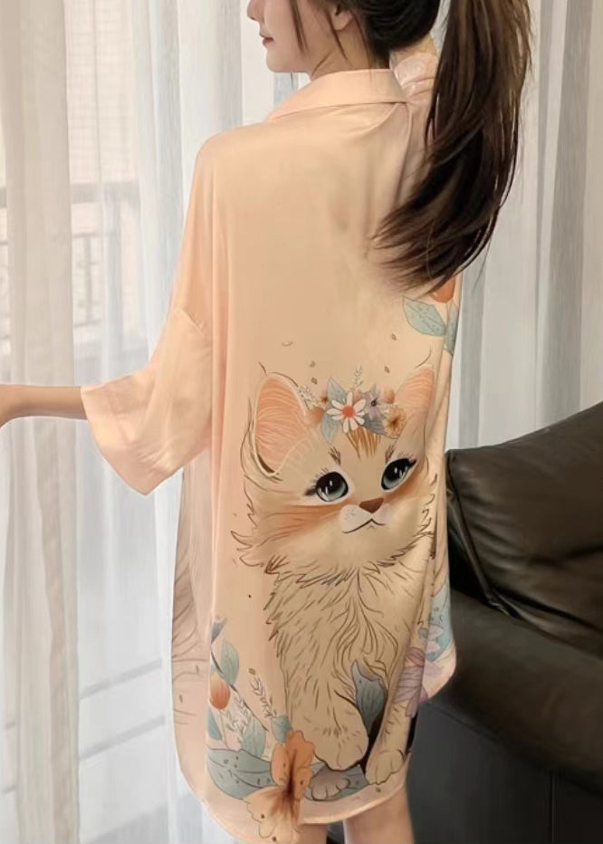 Robe de pyjama en soie glacée à imprimé orange et col Peter Pan, printemps YK013