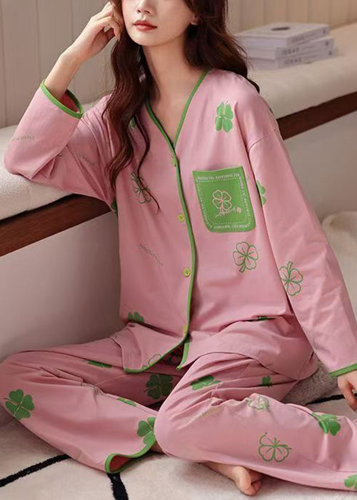 Button Piece Tops Cotton Print Set Pink Art Pants Two Pajamas And