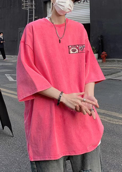 T-shirt en coton à manches courtes rose avec imprimé dessin animé pour homme