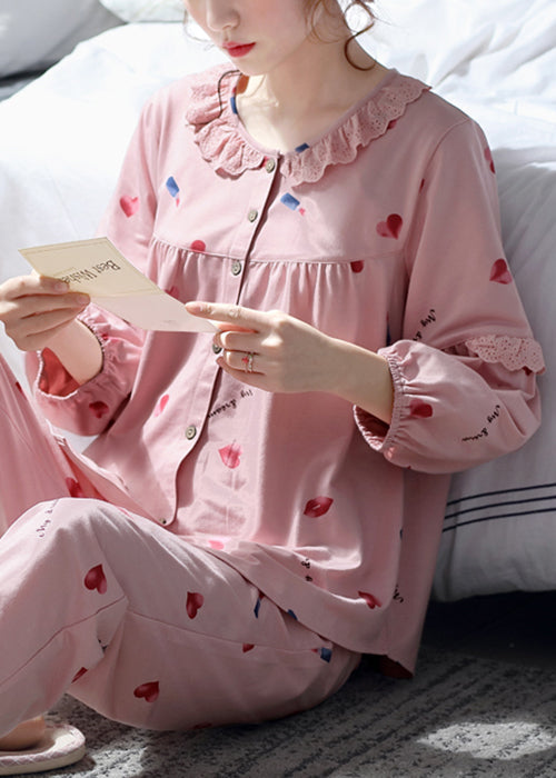 Pieces Fall Two Set Pajamas Lace Button Print Pink Art Cotton
