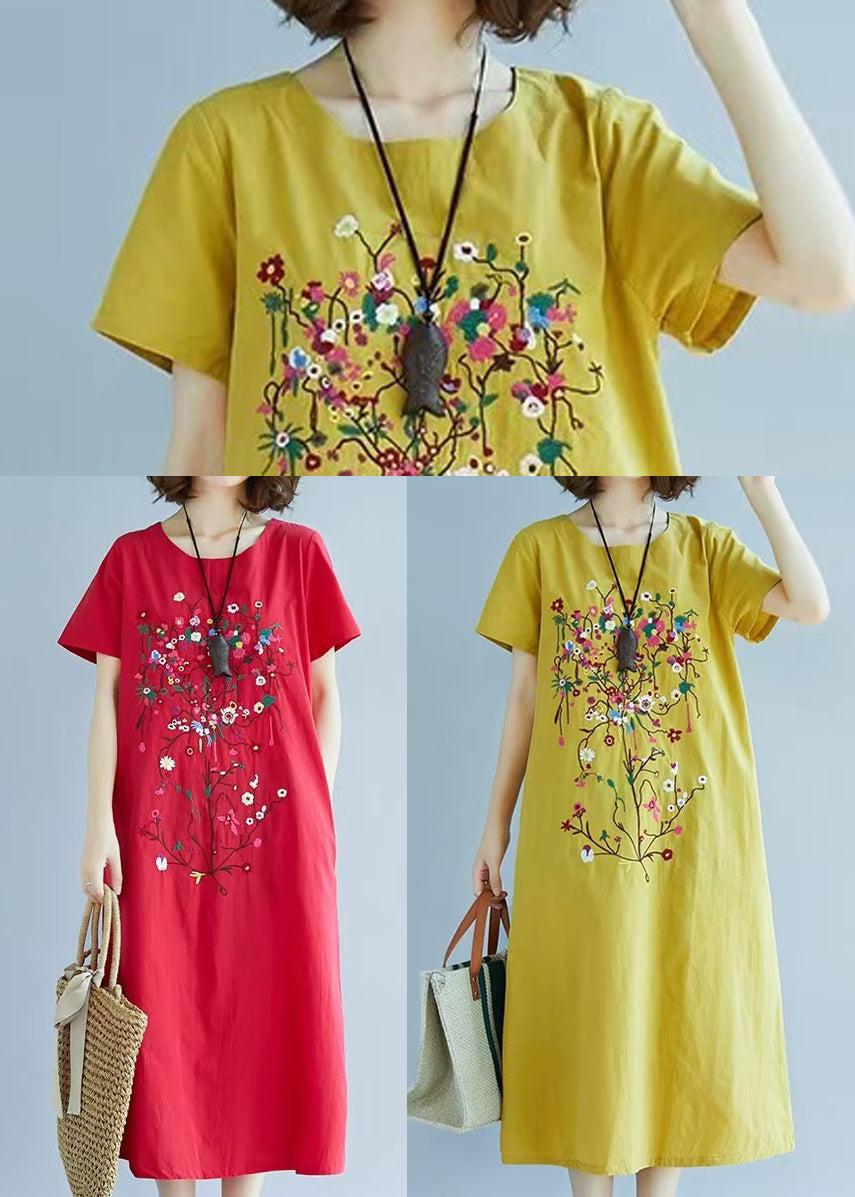 Red Dress Summer Linen Embroidered Holiday Art