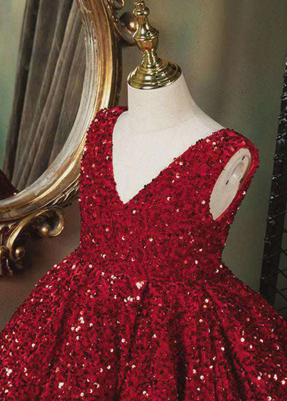 Art Red V-Ausschnitt Patchwork Pailletten Mädchen Maxikleider Ärmellos YS001