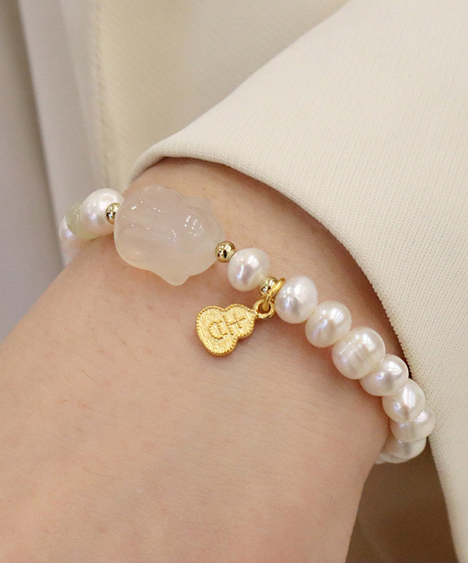 Art White Sterling Silber Overgild Chalcedon Kürbis Quaste Charm Armband WF017