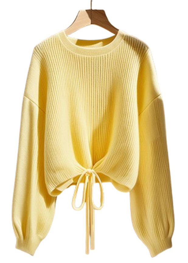 Art Gelb O Neck Lace Up Solid Strickpullover Herbst QS030