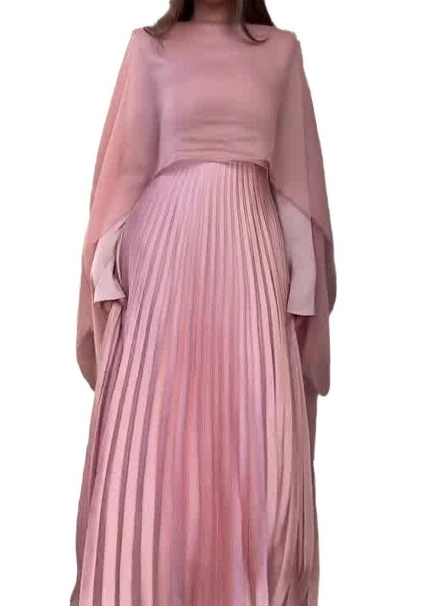 Ensemble châle et robe plissée rose à manches longues pour l'automne WO060