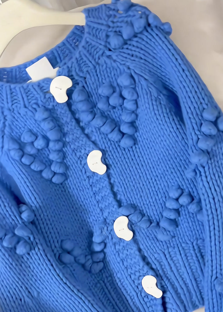 Schöne blaue O-Ausschnitt Knopf Baumwolle Strickjacke Herbst RK012