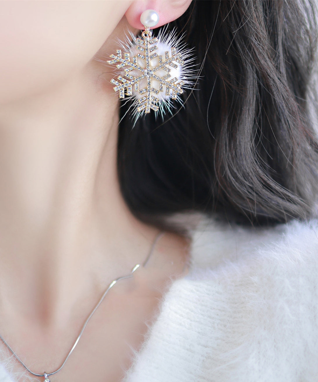 Magnifiques boucles d'oreilles pendantes en argent sterling et velours de vison, motif flocon de neige, TS003