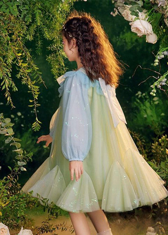 Belles robes longues en tulle à paillettes vertes pour enfants, manches bouffantes, TV031