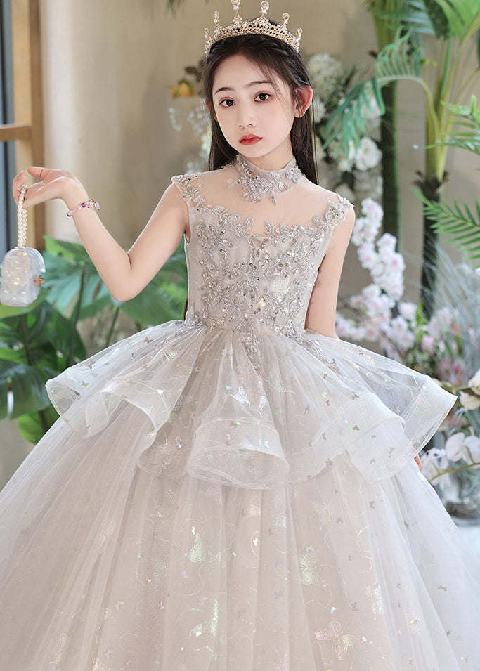 Magnifiques robes longues en tulle à paillettes grises pour enfants, style patchwork, été QV011