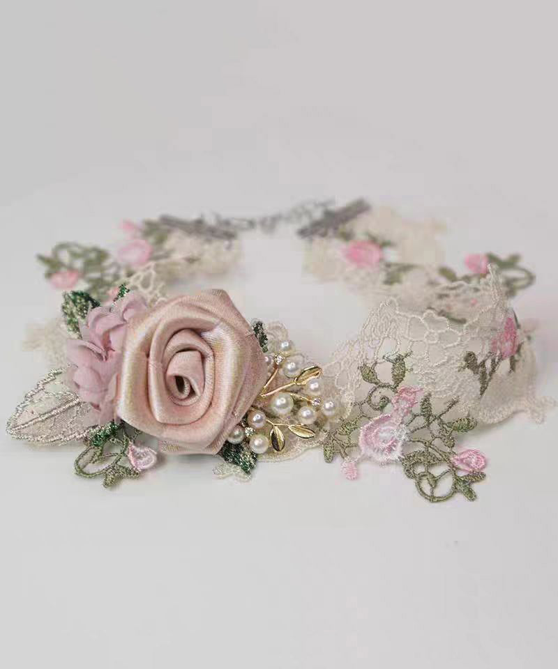 Magnifique collier floral en alliage de perles roses et dentelle YA010