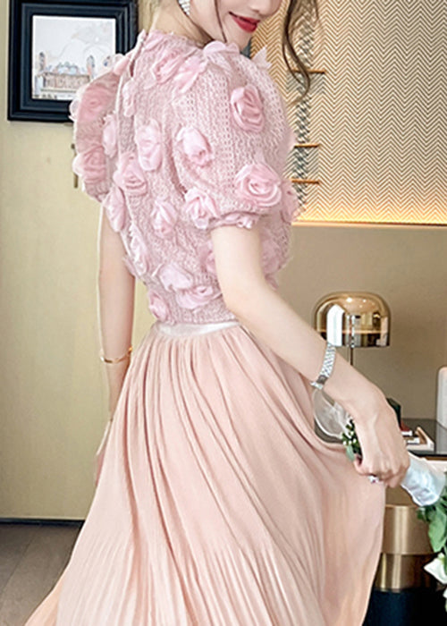 Wunderschönes rosa florales Stricktop mit Hohlsaum, Sommer, WX021