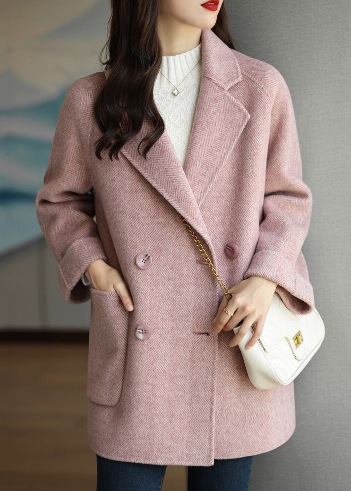 Magnifique manteau d'hiver en laine rose à double boutonnage et col Peter Pan RS025
