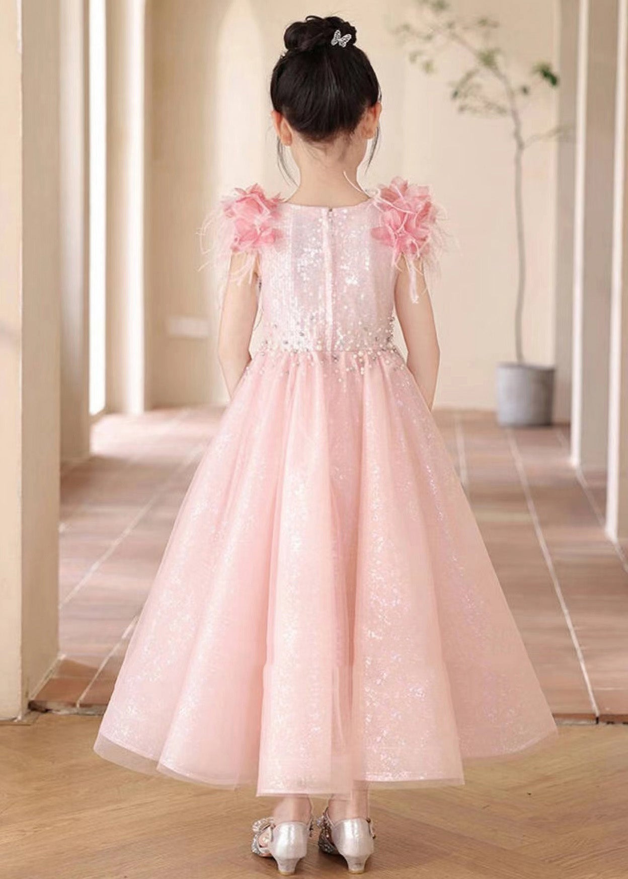 Schöne Rosa Pailletten Patchwork Tüll Mädchen Maxi Kleider Sommer YE001